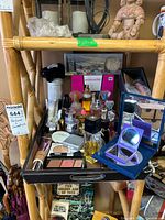 Tray of assorted perfumes, cosmetics, gift sets and mirrors