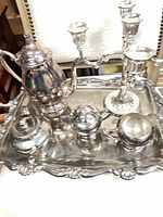 Coffee/tea service pieces, candelabra and large tray