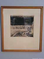 Full view of framed etching showing frame and mat