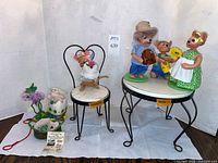 Group shot of all items: two Hermann bunnies, four Annalee bears, miniature patio table and chair