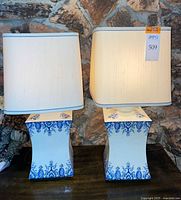 Front view of both lamps showing bases, shades, patterns