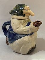 Left-side view of figural teapot showing handle, spout, coat color