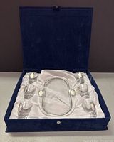 open velvet case showing six shot glasses and tray in satin interior
