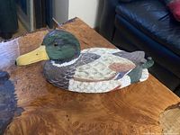 Left side view of carved mallard duck