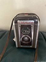 Front of Kodak Duaflex IV showing twin lenses and nameplate