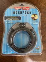 Front of sealed Staples WordLock bicycle cable lock package
