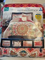 Front of packaged Mainstays 6-piece Coordinated Bedding Set showing contents and pattern