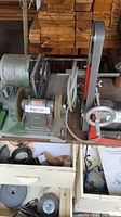 Overall view of bench grinder and belt sander on base plus accessories drawer