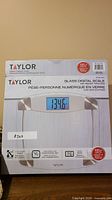 Front view of boxed Taylor glass digital scale