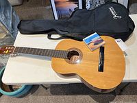 Full view of guitar with gig bag, string pack, pick