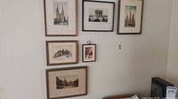 Wall view showing all six framed architectural prints