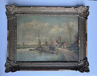 Full view of framed Dutch landscape painting