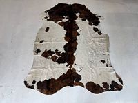 Full view of cowhide rug showing overall coloration and shape