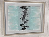 Full view of framed mixed media painting showing colors, frame and floating mount