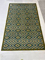 Full view of rectangular rug showing pattern and colors