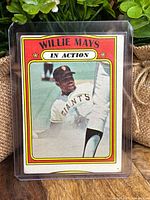 Front of 1972 Topps Willie Mays In Action card showing player image and border design