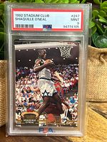Front of encapsulated 1992 Topps Stadium Club Shaquille O’Neal rookie card showing PSA 9 label