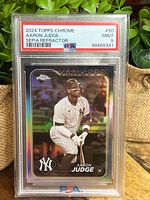 Front of 2024 Topps Chrome Aaron Judge Sepia Refractor in PSA slab