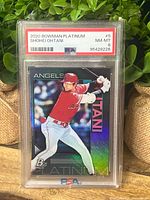 Front view of PSA-slabbed 2020 Bowman Platinum Shohei Ohtani card showing grade label