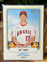 Front of 2023 Topps Heritage Award Winners Shohei Ohtani AL MVP insert card in sleeve