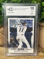 Front of BCCG-graded 2018 Leaf Ohtani Retail #05 card showing Ohtani batting and grade label 10