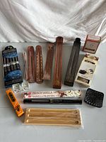 Overall lot with incense boxes, wooden burners, bamboo trays, soapstone dish and glass holders