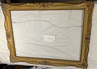 Front view of empty ornate gold frame showing full size and wire hanger