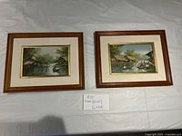 Front view showing both framed paintings, artwork details, frames and mats
