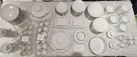 Full overhead view showing entire dinnerware and coffee service layout