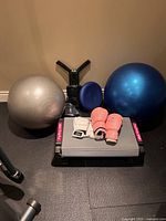 Full lot showing stability balls, step platform, gloves and accessories