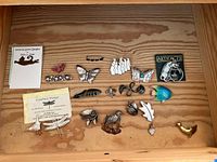 Drawer view of 17 artisan brooches and pins