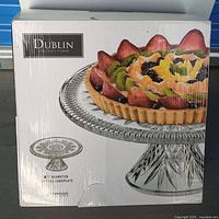 Retail box showing image and product details of Shannon Dublin Collection 12" diameter crystal cake plate