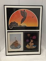 Front view of framed print showing three illustrations