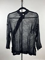 Full view of black sheer top on hanger showing shape, sleeves and transparency