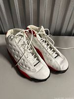 Top view of pair showing laces, leather uppers and tongue tag