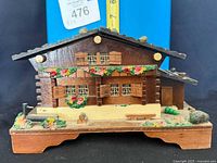 Front view of Swiss chalet music box showing façade and detailing