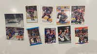 Ten Mark Messier Edmonton Oilers trading cards laid out on a white surface