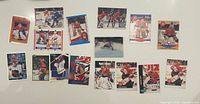 Single photo showing 18 Patrick Roy hockey cards laid out on surface