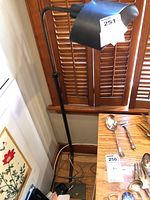 Full view of black metal floor lamp beside shuttered window