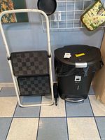 Trash can and folding ladder side-by-side