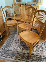 Five Jamco solid oak Windsor fan-back chairs front view