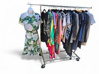 Rolling rack with approximately 40 assorted designer garments