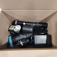 Items boxed: lenses, flash, cameras, cases