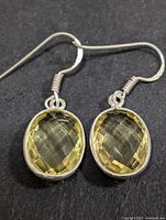 Close-up of both earrings showing lemon quartz stones and silver bezel setting