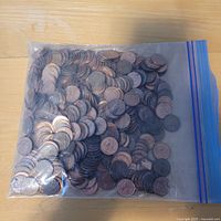 Plastic zipper bag filled with many U.S. pennies