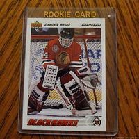 Front of Dominik Hasek Upper Deck rookie card in sleeve