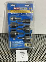 Front view of sealed Ryobi AR2108 hole saw kit with sizes visible