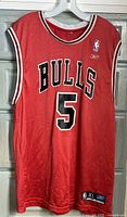 Front view of red Chicago Bulls #5 jersey on hanger