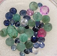 Close-up of mixed blue, green, pink and clear faceted stones
