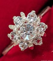 Front view of silver-tone cluster ring showing central stone and surrounding stones